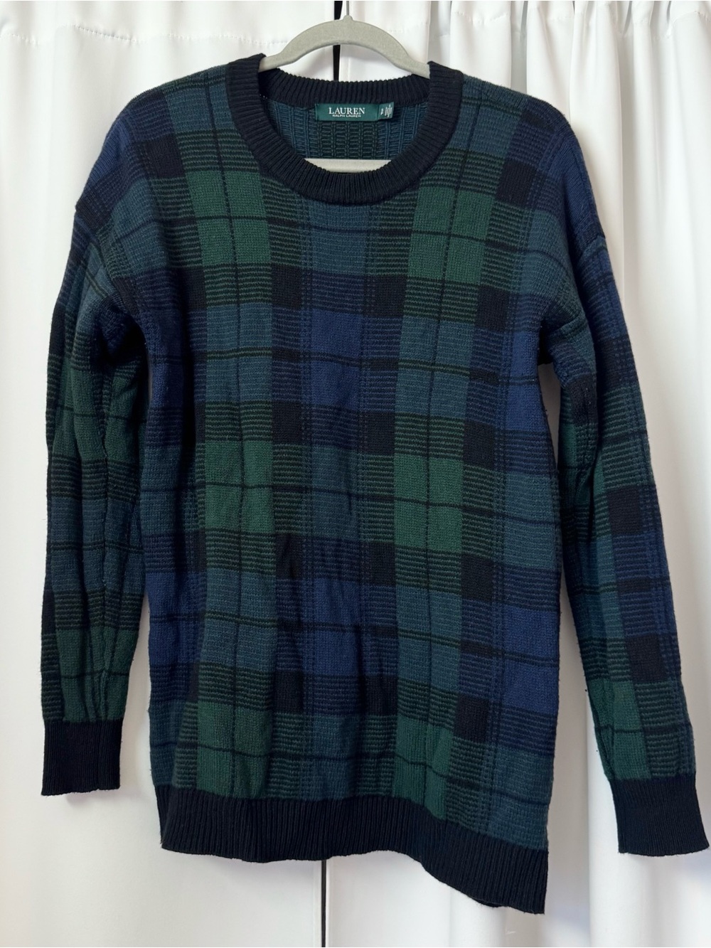 Lauren Ralph Lauren Dark Green & Blue Plaid Crewneck Sweater Size Small Petite
